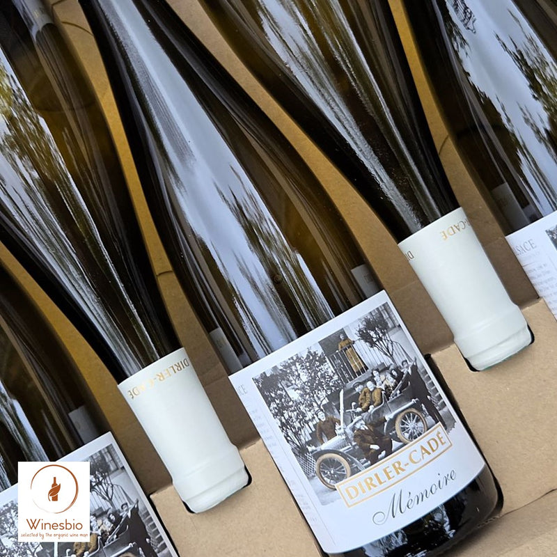 Wine bottles with a focus on one labeled 'Dirler Cadé Mémoire' on a cardboard surface.