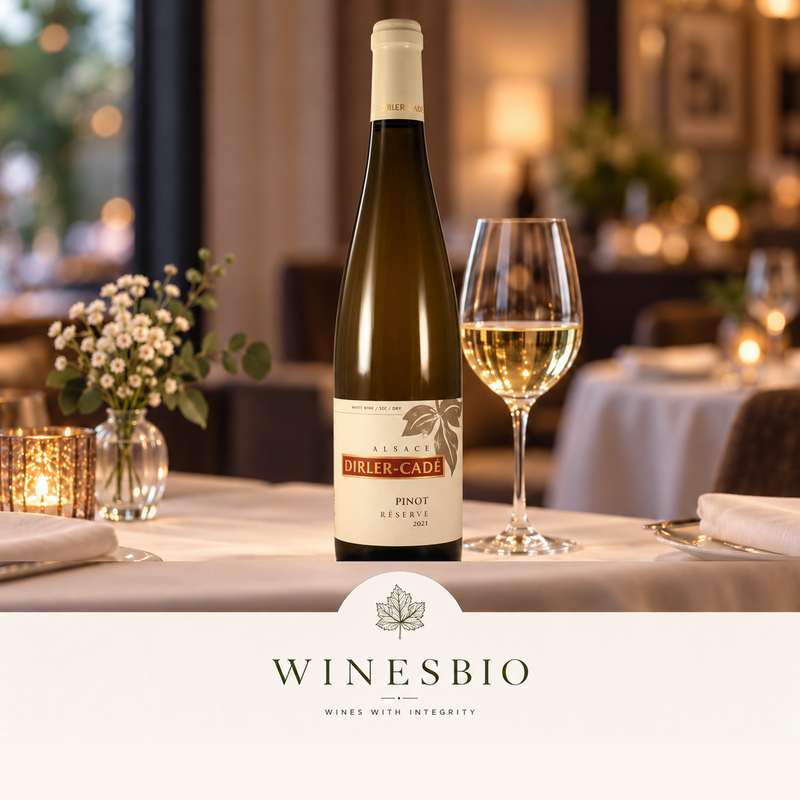 Dirler-Cadé Alsace Réserve Pinot 2021 in an elegant restaurant setting