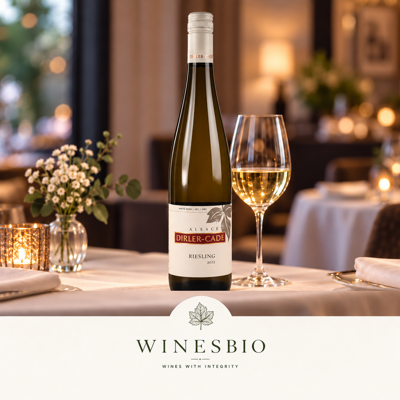 Dirler-Cadé Alsace Riesling 2022 in an elegant restaurant setting