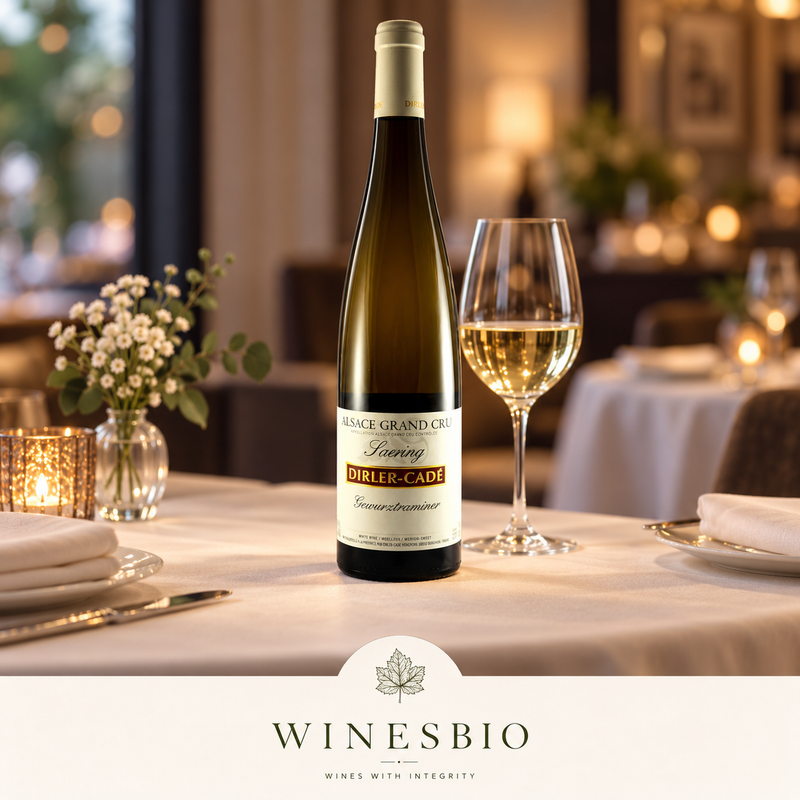Dirler-Cadé Alsace Grand Cru Saering Gewürztraminer 2018 in a restaurant setting